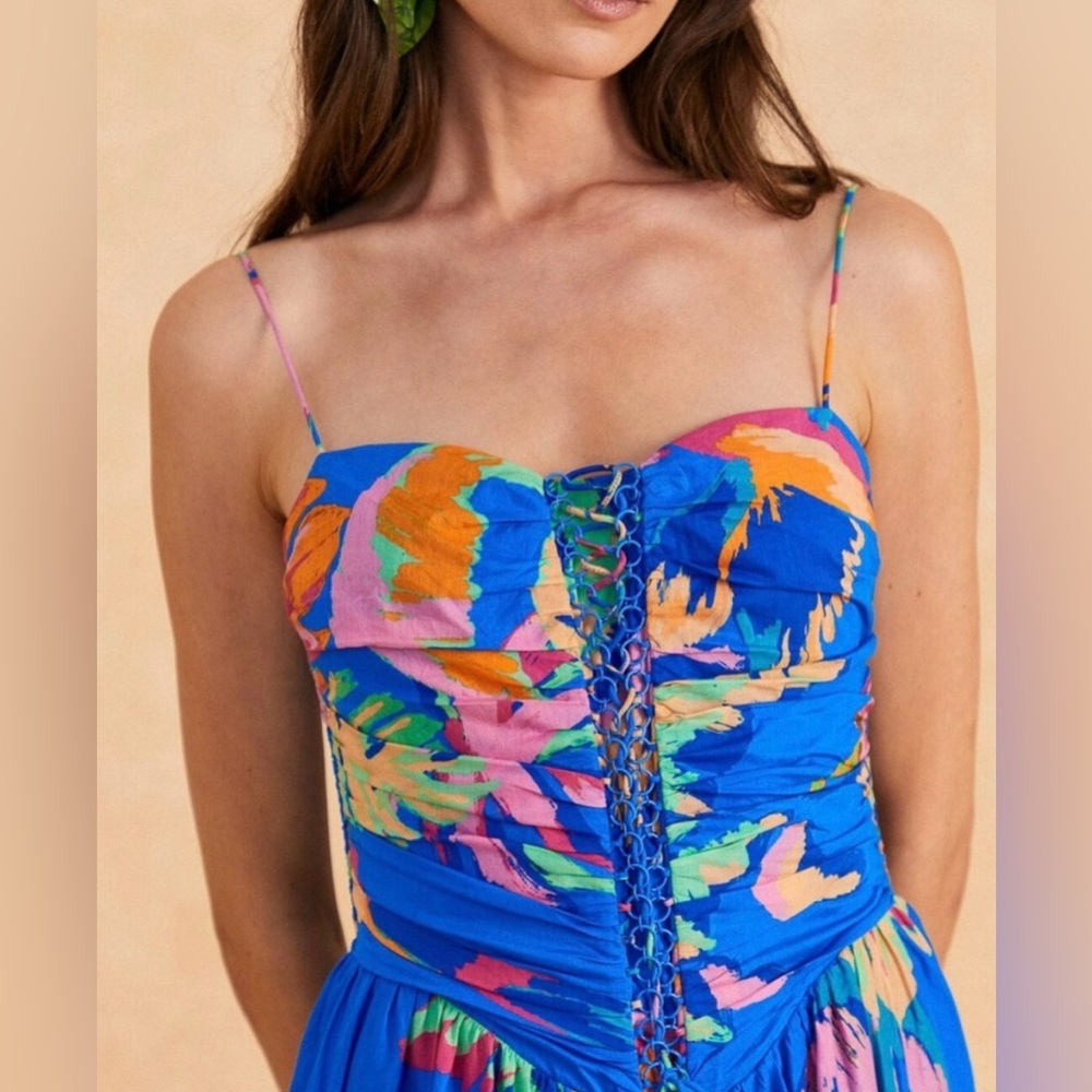 NWOT Farm Rio | Painted Jungle Midi Sun Dress | Blue - Picture 5 of 7